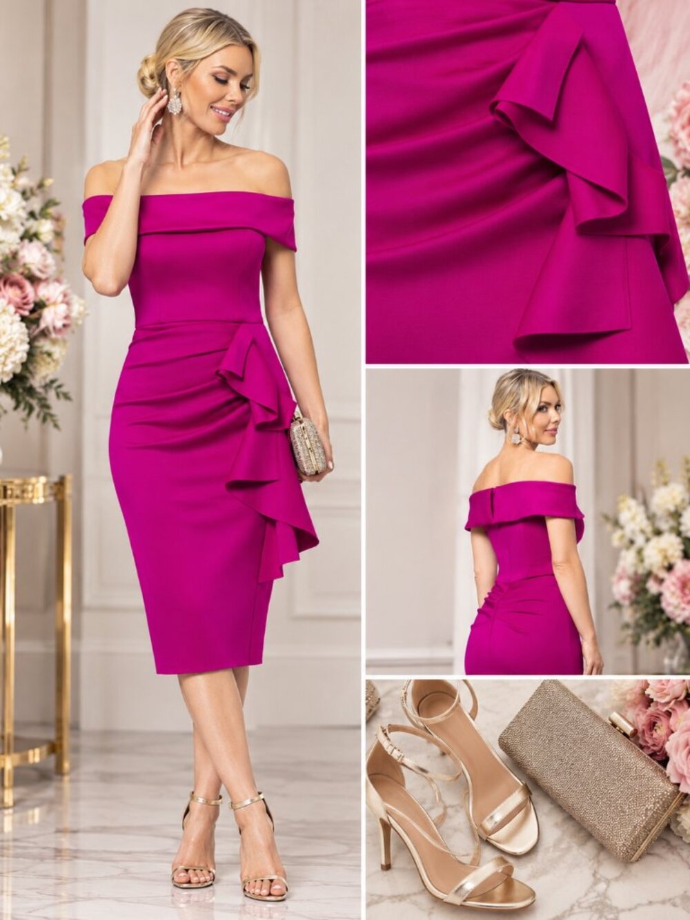 XSCAPE Orchid Pink Off Shoulder Ruffle Ruched Midi Dress 10 NWT